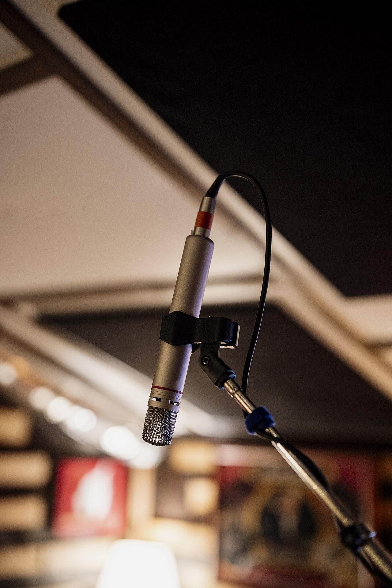 Close up view of a microphone set up in 