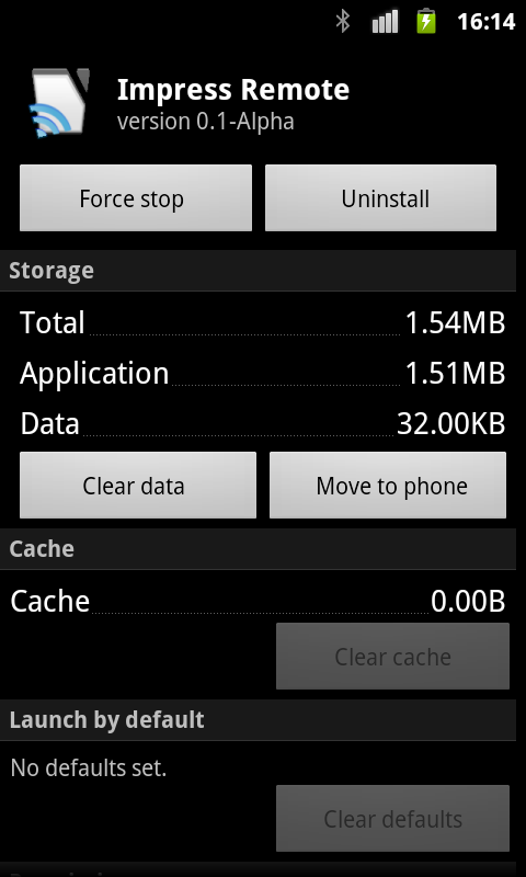 Impress Remote App info screen