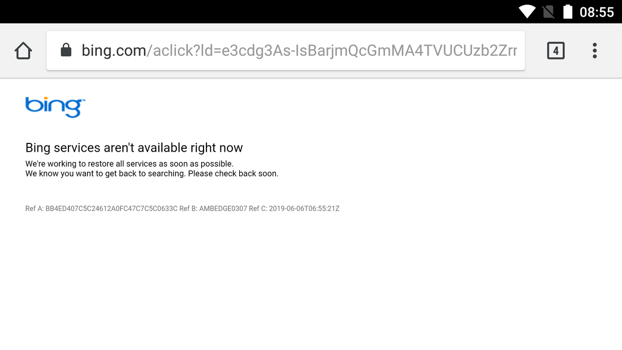 Screenshot of a Bing Ads error message d