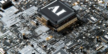표면에 'a' 글자가 새겨진 AI GPU 프로세서 칩 3D 렌더링