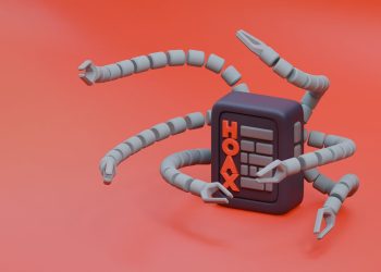 A 3D rendered robot with tentacle arms and 'HOAX' text, signifying disinformation.
