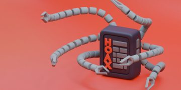 A 3D rendered robot with tentacle arms and 'HOAX' text, signifying disinformation.