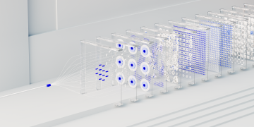 Visual abstraction of neural networks in AI technology, featuring data flow and algorithms.