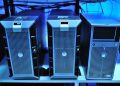 Close-up view of modern rack-mounted server units in a data center.