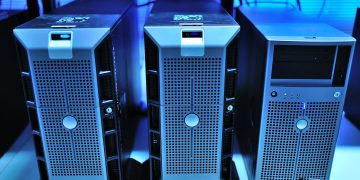 Close-up view of modern rack-mounted server units in a data center.