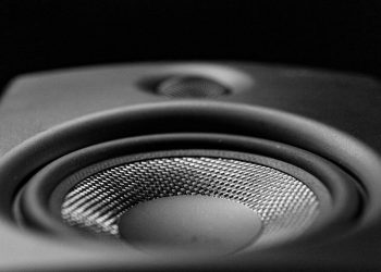 A detailed black-and-white close-up image of a speaker, highlighting its intricate design.