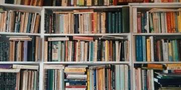 A vast collection of books arranged on wooden shelves in a cozy library setting.