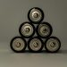 Metallic AA batteries stacked in a pyramid shape, symbolizing power and energy storage.
