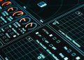 Close-up of a digital interface showcasing futuristic graphs and data analytics in low light.