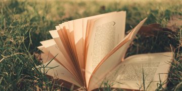 An open book with pages fanned out lies on lush green grass, inviting relaxation and reading in nature.