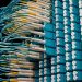 Detailed view of fiber optic patch cables connecting to a blue patch panel in a data center.