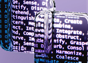 Abstract glass surfaces reflecting digital text create a mysterious tech ambiance.