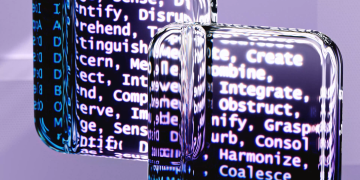 Abstract glass surfaces reflecting digital text create a mysterious tech ambiance.