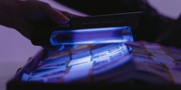 A close-up shot of banknotes under UV light to verify currency authenticity and detect counterfeits.