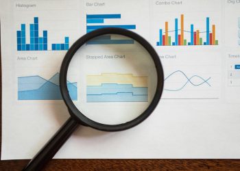 A magnifying glass focuses on various business charts and graphs on paper.