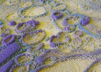 Colorful 3D rendering resembling neural networks or data visualization.