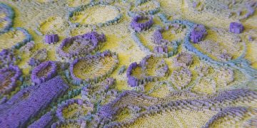 Colorful 3D rendering resembling neural networks or data visualization.