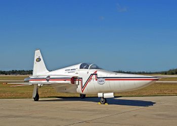 NASA's distinctive aircraft on a sunny day in Titusville, Florida runway.