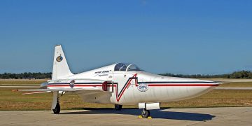 NASA's distinctive aircraft on a sunny day in Titusville, Florida runway.