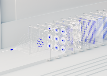 Visual abstraction of neural networks in AI technology, featuring data flow and algorithms.