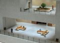 Spacious modern atrium in a Shanghai building featuring minimalistic design with people sitting and walking.