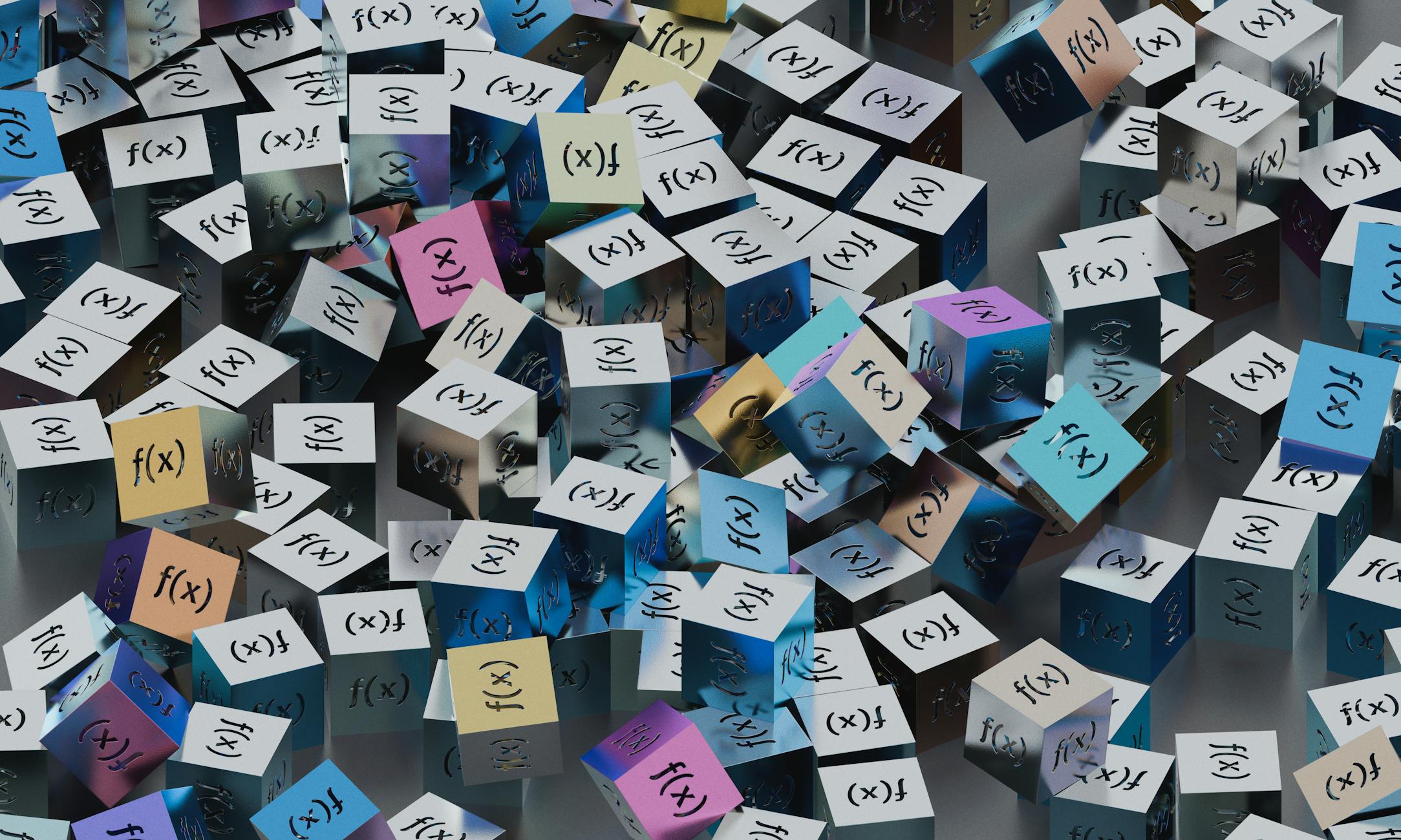 A vibrant collection of cubes with f(x) functions creates a visual mathematical pattern.