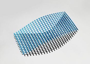 Dynamic abstract grid with blue and black colors on a white background.