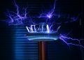 A Tesla coil producing powerful electric arcs in a dark setting.