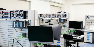 A contemporary computer lab with advanced workstations and electronic equipment, perfect for research and development.