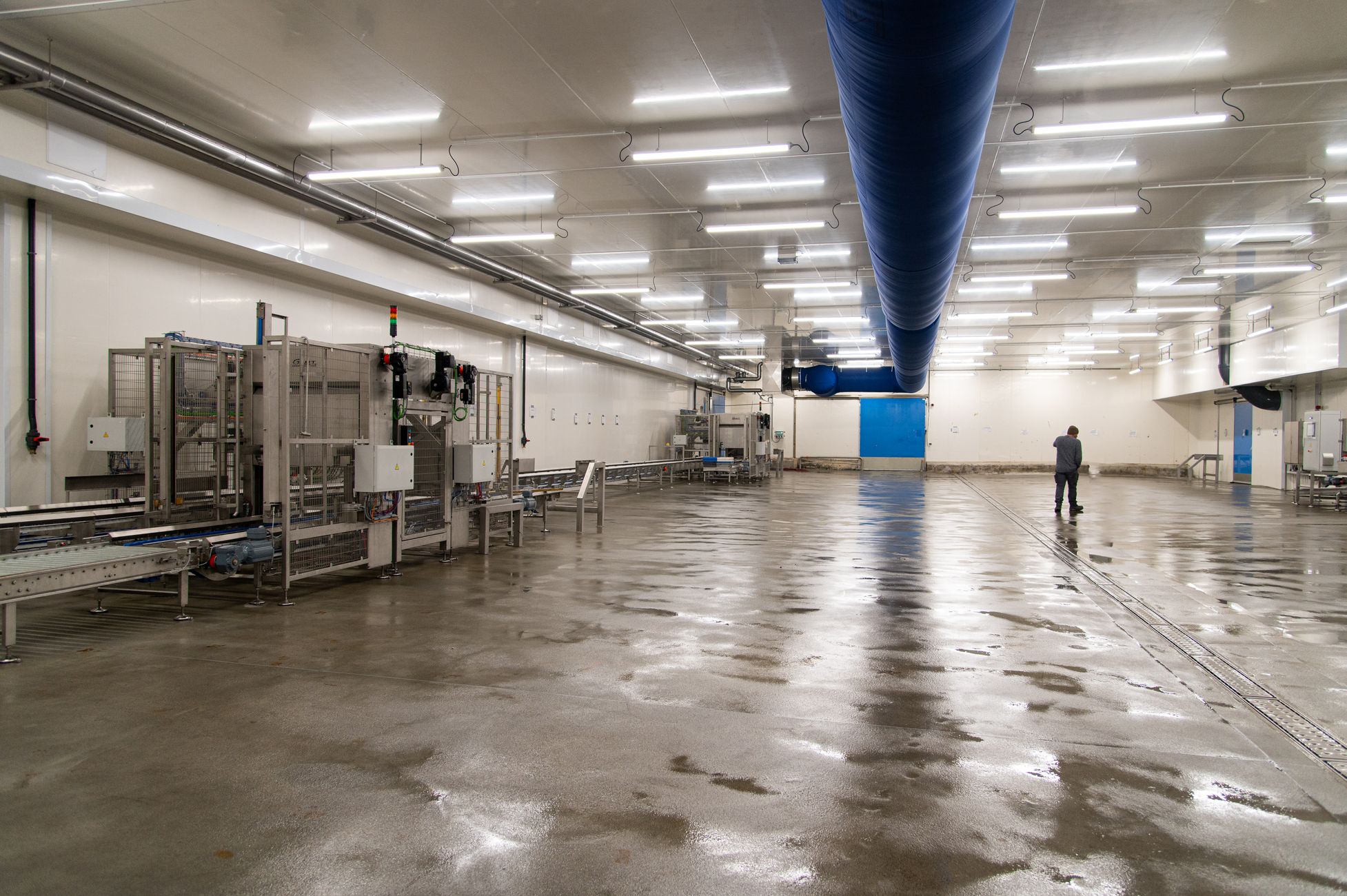 Spacious warehouse interior with machinery and a person inspecting the facility.