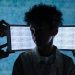 A teenager stands with eyes closed between two tablets showing digital noise, symbolizing information overload.