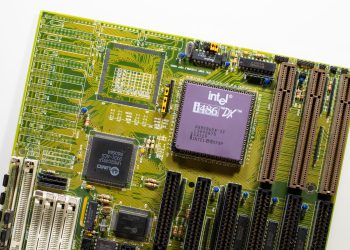 Close-up view of a vintage Intel i486 DX motherboard, highlighting retro technology.