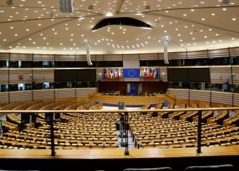 Empty European Parliament auditorium in Brussels, Belgium.
