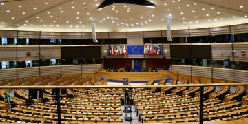 Empty European Parliament auditorium in Brussels, Belgium.