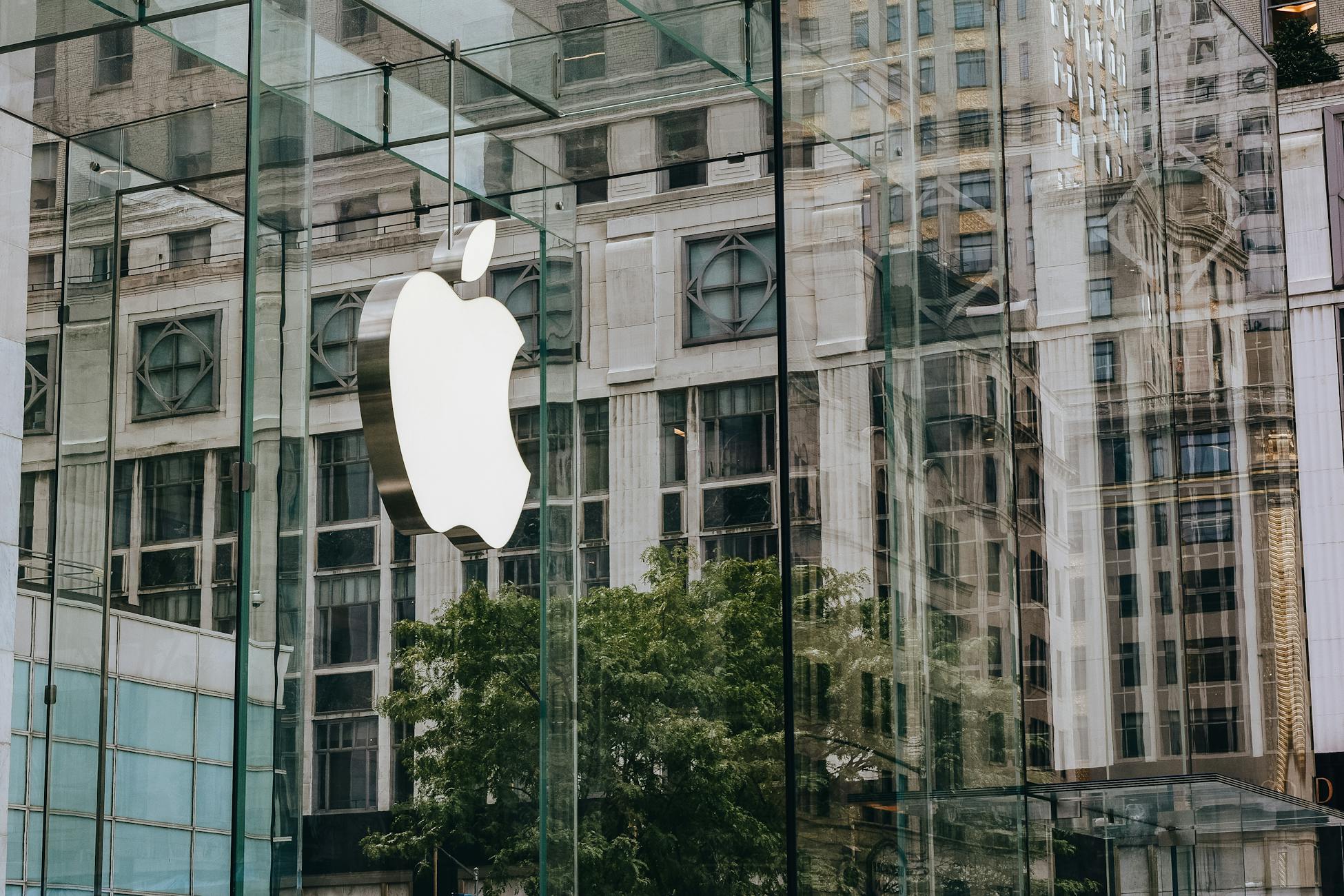 Transparent walls of modern company building with label icon against old building in downtown