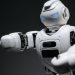 Detailed close-up of a high-tech white robot in a studio setting with a gray background.