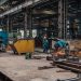 Workers in a metal workshop engaged in active construction and welding tasks.