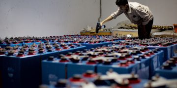 A worker checking many industrial batteries inside a facility. Indoor, industrial setting.
