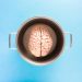 Creative shot of a human brain model in a pot against a blue backdrop, symbolizing mind and thought.