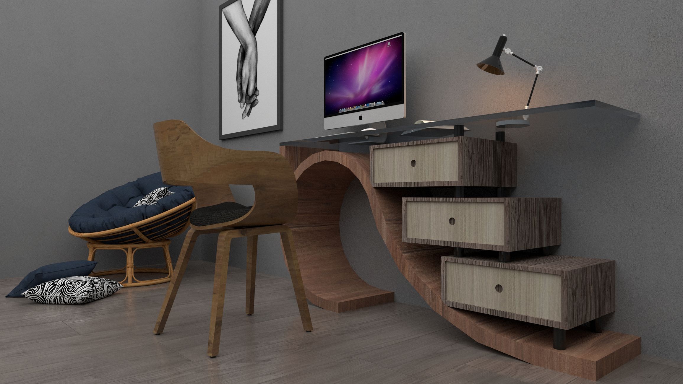 Sleek and stylish home office with wooden furniture and glass desk.