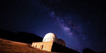 Stunning view of the Milky Way galaxy above a desert observatory under a starry night.