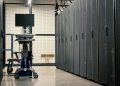 Contemporary computer on support between telecommunication racks and cabinets in modern data center