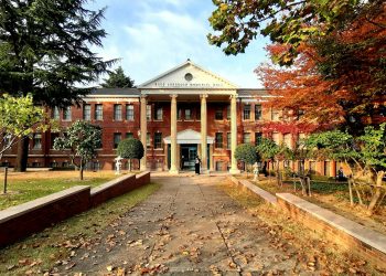 A beautiful university building in Daegu, South Korea, surrounded by autumn foliage.