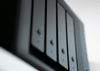 Detailed view of a black data storage unit highlighting modern technology and data management.