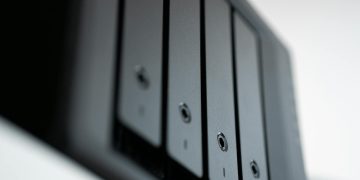 Detailed view of a black data storage unit highlighting modern technology and data management.