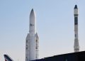 Elevated view of space rockets at Le Bourget Air Show in France on a clear day.