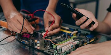 Close-up of hands working on a motherboard using electrical tools and tester.