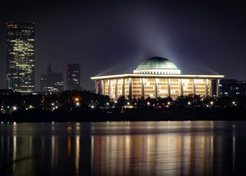 Stunning cityscape featuring a well-lit domed building and skyline at night.