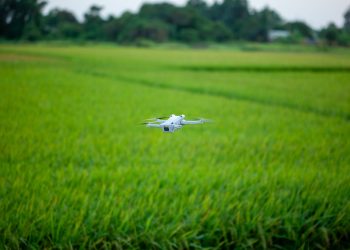 A drone hovering above a vibrant green agricultural field, showcasing modern farming technology.