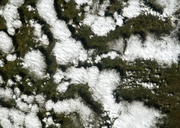 Satellite view showing pattern of snow patches on green ground, illustrating natural beauty.